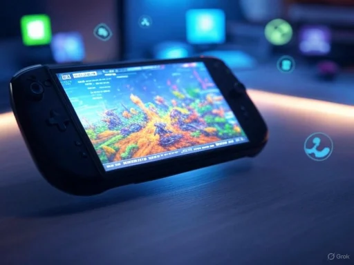 A handheld gaming console displays a vibrant, colorful game scene with floating app icons in the background. A handheld gaming console displays a vibrant, colorful game scene with floating app icons in the background.