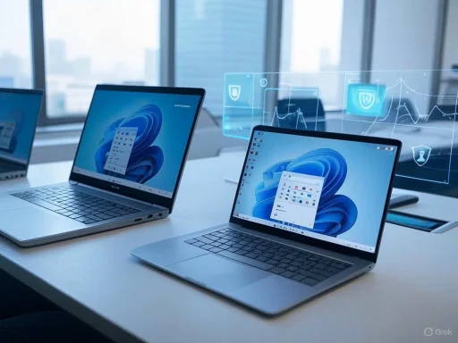 Two laptops on a desk in a modern office with a digital security overlay.