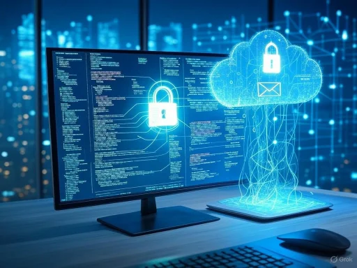 Digital security concepts with a computer screen displaying code and a holographic cloud with lock icons.