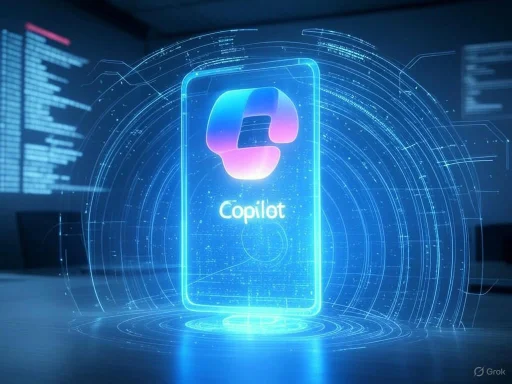 A digital hologram of a mobile phone displaying the Copilot app logo and name, surrounded by futuristic data visuals.