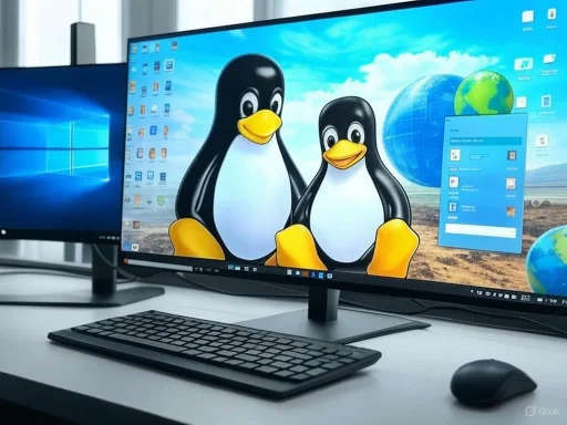 A dual-monitor setup with the primary display showing Tux, the Linux penguin mascot, against a desktop background.