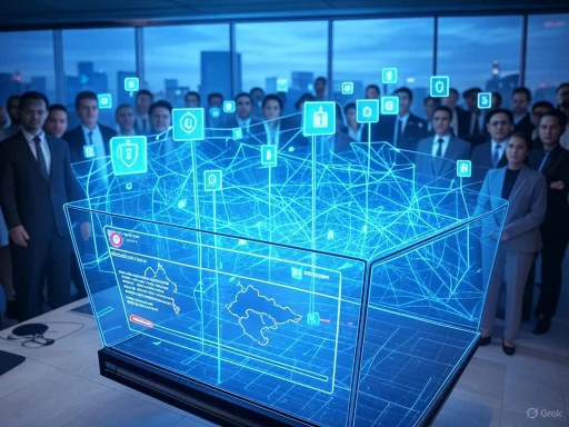 A group of business professionals observing a holographic digital network and data visualization in a modern conference room.