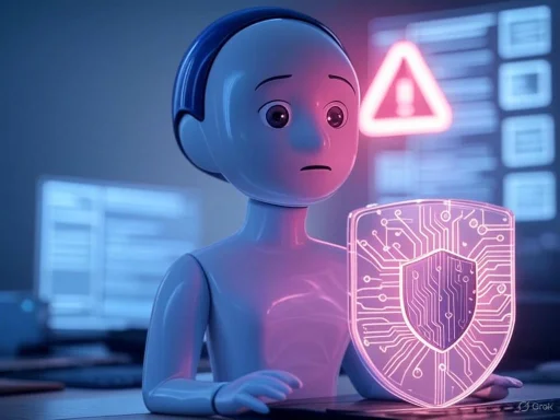 A robot with a concerned expression sits at a desk with a holographic shield, surrounded by warning signals in a cybersecurity setting. A robot with a concerned expression sits at a desk with a holographic shield, surrounded by warning signals in a cybersecurity setting.