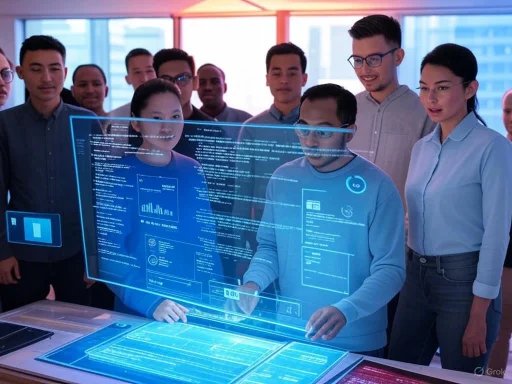 A diverse group of professionals gathers around a futuristic, transparent holographic display in a modern office. A diverse group of professionals gathers around a futuristic, transparent holographic display in a modern office.