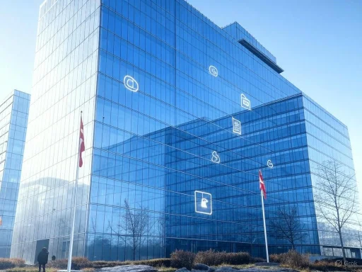A modern blue glass office building with digital icons overlaid on its facade, reflecting the sky and surroundings. A modern blue glass office building with digital icons overlaid on its facade, reflecting the sky and surroundings.