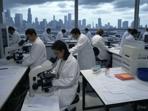 Scientists in lab coats working with microscopes in a high-rise laboratory overlooking a city skyline.