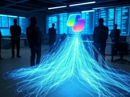 A digital illustration of a holographic cloud interacting with a vibrant, flowing stream of data in a futuristic office environment.