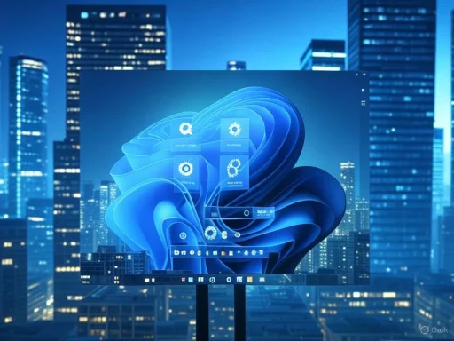 A digital cityscape with a futuristic display of Windows 11 interface glowing against skyscrapers at night.