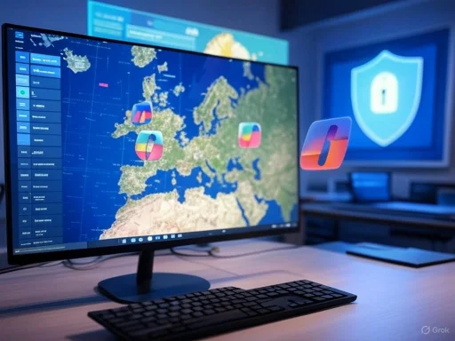 A computer monitor displays a map of Europe with cybersecurity icons, suggesting a focus on digital security.