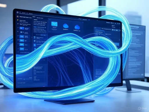 Futuristic digital interface with glowing blue data streams swirling around a computer screen.