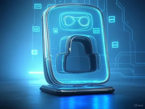 A glowing 3D hologram of a smart home-style app icon, featuring a keyhole and glasses, in a futuristic digital setting.