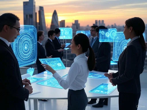 Business professionals discussing holographic data displays on a rooftop at sunset.