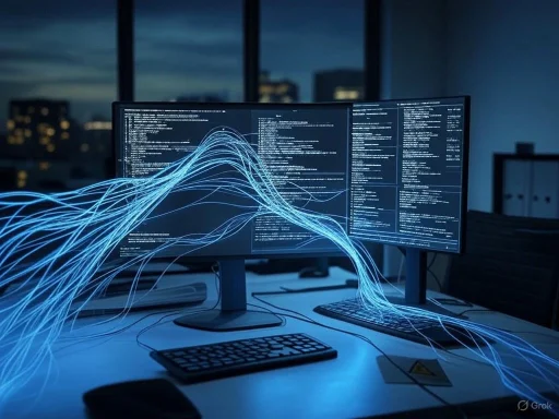 Computer screens display coding data, with animated blue light lines resembling data flow or neural network connections.