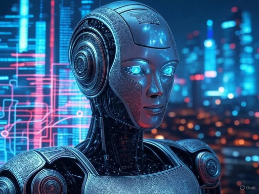 A futuristic humanoid robot with illuminated eyes in a tech cityscape background.