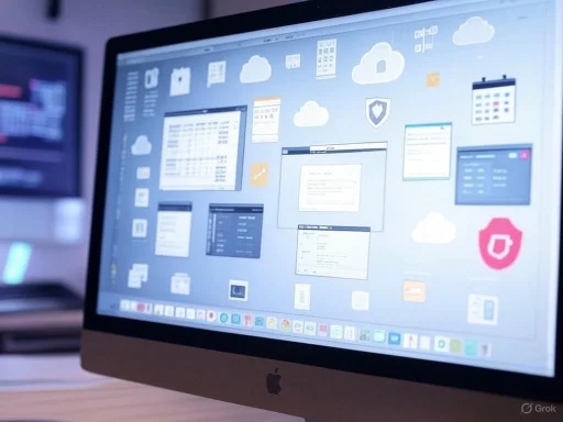 The screen displays various cloud icons and data management interfaces on a desktop computer.