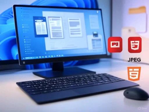 A desktop setup with a monitor, keyboard, mouse, and icons for PDF, HTML, and JPEG file formats. A desktop setup with a monitor, keyboard, mouse, and icons for PDF, HTML, and JPEG file formats.