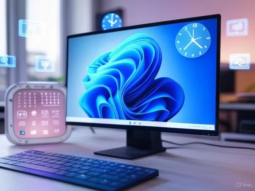 A modern computer setup with a monitor displaying a blue abstract background, surrounded by floating digital icons and clocks.