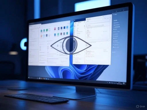 A computer monitor with multiple open windows, displaying software interfaces, overlaid with an eye symbol. A computer monitor with multiple open windows, displaying software interfaces, overlaid with an eye symbol.