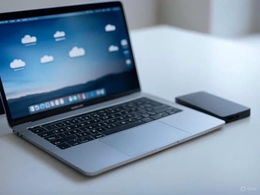 A sleek silver laptop with a cloud wallpaper on the screen, placed on a white desk next to an external hard drive.