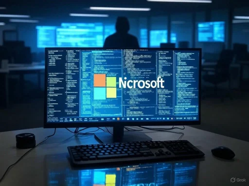 A computer monitor displaying code and the Microsoft logo in a dark, high-tech office environment. A computer monitor displaying code and the Microsoft logo in a dark, high-tech office environment.