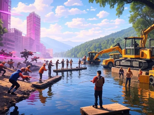 A surreal scene with people fishing by a river, city skyscrapers, and construction machinery, blending natural and urban elements.