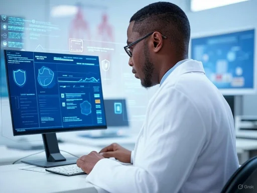 A scientist or doctor analyzing digital health data on a futuristic computer screen in a laboratory.