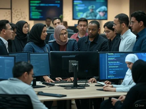 A diverse group of professionals discusses in a high-tech office filled with multiple computer monitors and coding screens.