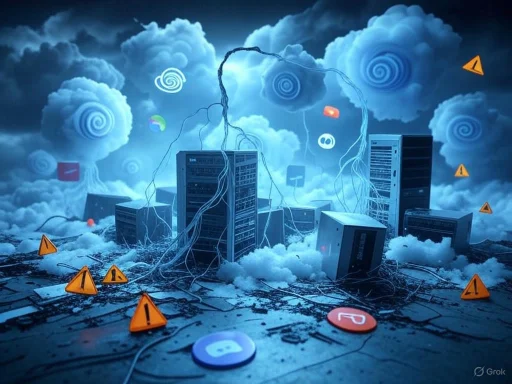 Server racks and wires amidst storm clouds with warning signs, symbolizing a digital or cybersecurity crisis. Server racks and wires amidst storm clouds with warning signs, symbolizing a digital or cybersecurity crisis.