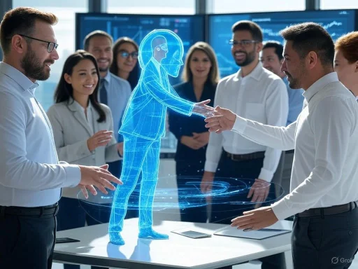 Team members interact with a holographic digital human in a modern office setting, enhancing collaboration and innovation.
