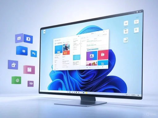 A sleek computer monitor displays a Windows desktop with open application windows and colorful app icons floating nearby. A sleek computer monitor displays a Windows desktop with open application windows and colorful app icons floating nearby.