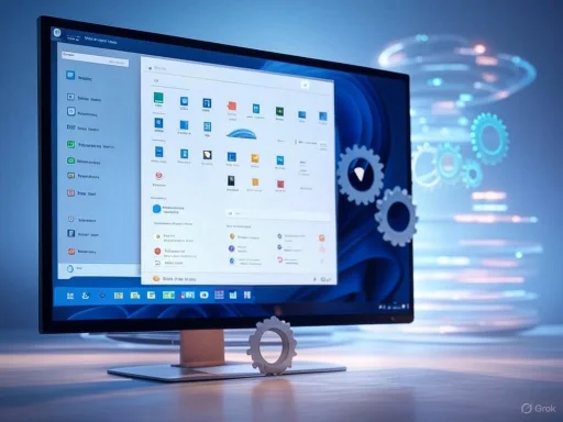 A computer monitor displays a Windows interface with various folders and icons, surrounded by digital gear graphics. A computer monitor displays a Windows interface with various folders and icons, surrounded by digital gear graphics.