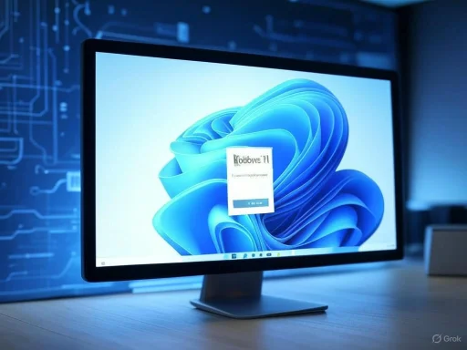 A computer monitor displaying the Windows 11 login screen against a tech-themed background. A computer monitor displaying the Windows 11 login screen against a tech-themed background.