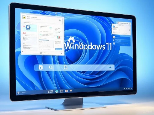 A computer monitor displaying the Windows 11 desktop interface with several open windows and a blue swirl background.