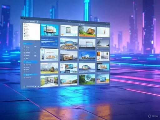 A digital screen displays photo thumbnails on a futuristic, neon-lit tech background.