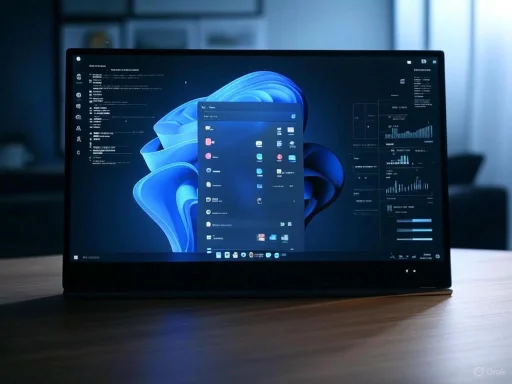 A foldable monitor displaying a Windows desktop with graphs and application icons, on a wooden table in a dimly lit room.