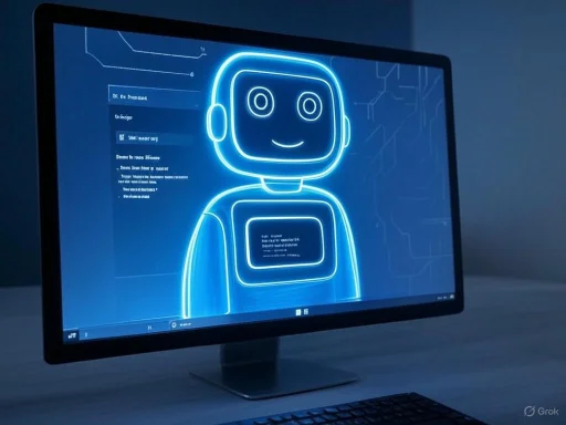 A digital robot illustration on a computer screen with a cheerful face, surrounded by programming text and circuit designs.
