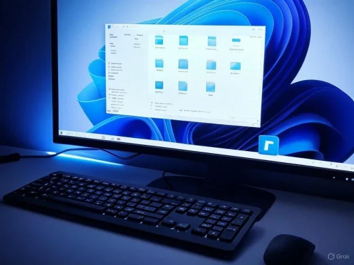 A computer monitor displaying a Windows folder interface, with a keyboard and mouse on a dark desk.