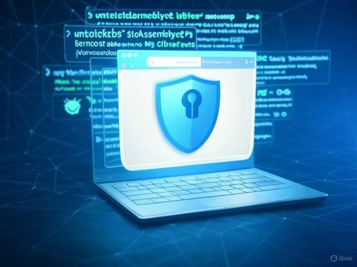 A digital illustration of a laptop with a shield and key symbol, representing cybersecurity and data protection.