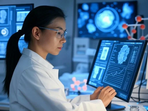 A scientist analyzes data on a computer screen in a high-tech laboratory focused on genomics or molecular research.
