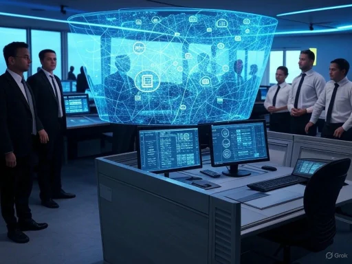 Business professionals observe a holographic digital network display in a high-tech conference room.