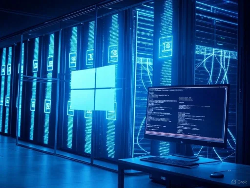 A high-tech server room with illuminated blue LED circuit panels and a computer displaying code.