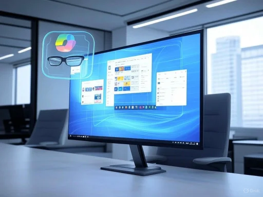 A sleek office workspace with a futuristic holographic interface displaying digital icons and app windows on a computer monitor.