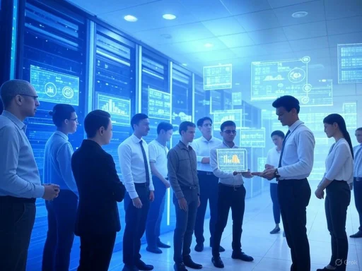 A group of professionals attends a presentation in a high-tech data center or control room with multiple digital screens and charts. A group of professionals attends a presentation in a high-tech data center or control room with multiple digital screens and charts.