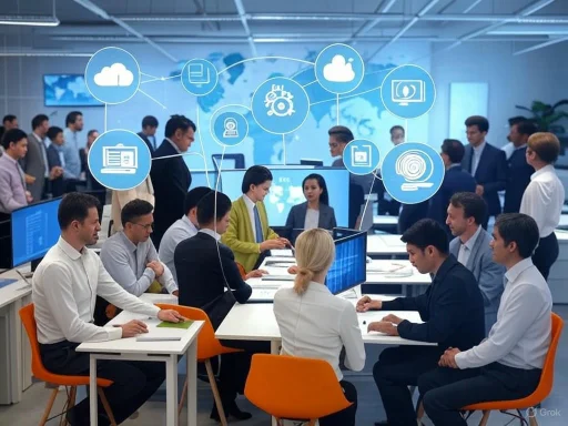 A diverse group of professionals collaborates in a modern, high-tech conference room with digital cloud and data icons overlay.