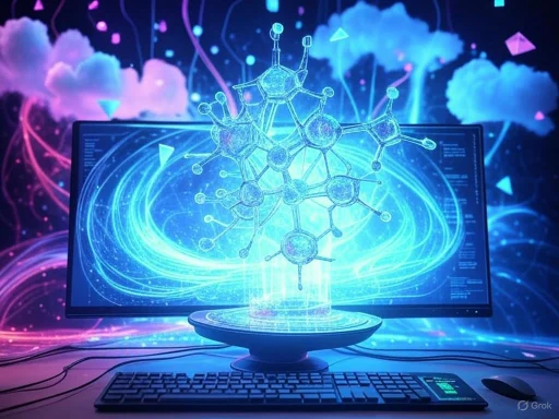 A digital hologram of a molecular structure emerges from a computer monitor with a sci-fi, futuristic background.