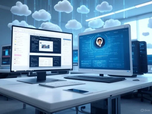 Multiple computer monitors displaying digital data and a face recognition interface, with cloud graphics overhead.