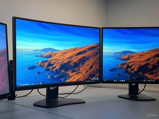 Three computer monitors displaying the same scenic landscape of a coastline with islands and blue skies.