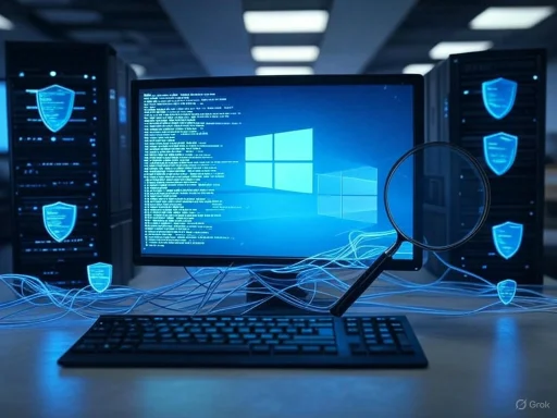 Cybersecurity monitoring with Windows system, shields, and data connections on a server room.