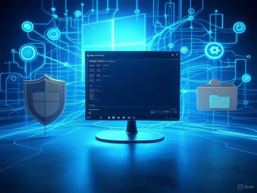 A cybersecurity desktop setup with a shield, folder, and digital connections emphasizing data protection.