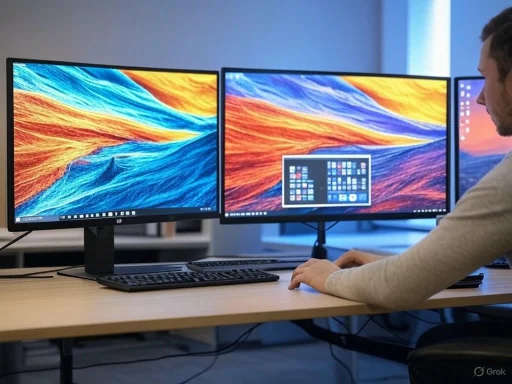 Person working on a dual monitor computer setup with colorful abstract backgrounds.